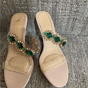 AKIRA Women's Jewel Embellished Mules - Cream and Green